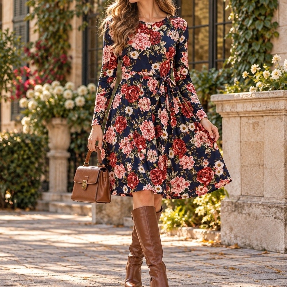 Reborn J Navy Floral Rose Long Sleeve Fit & Flare Midi Dress Belt Small